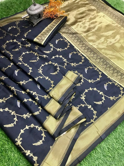 Black soft lichi silk jacquard work saree