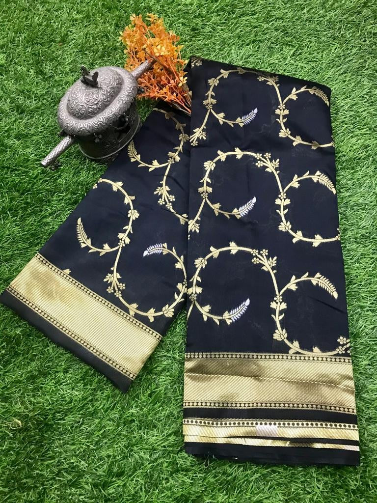Black soft lichi silk jacquard work saree