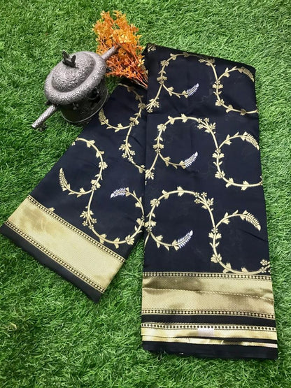Black soft lichi silk jacquard work saree