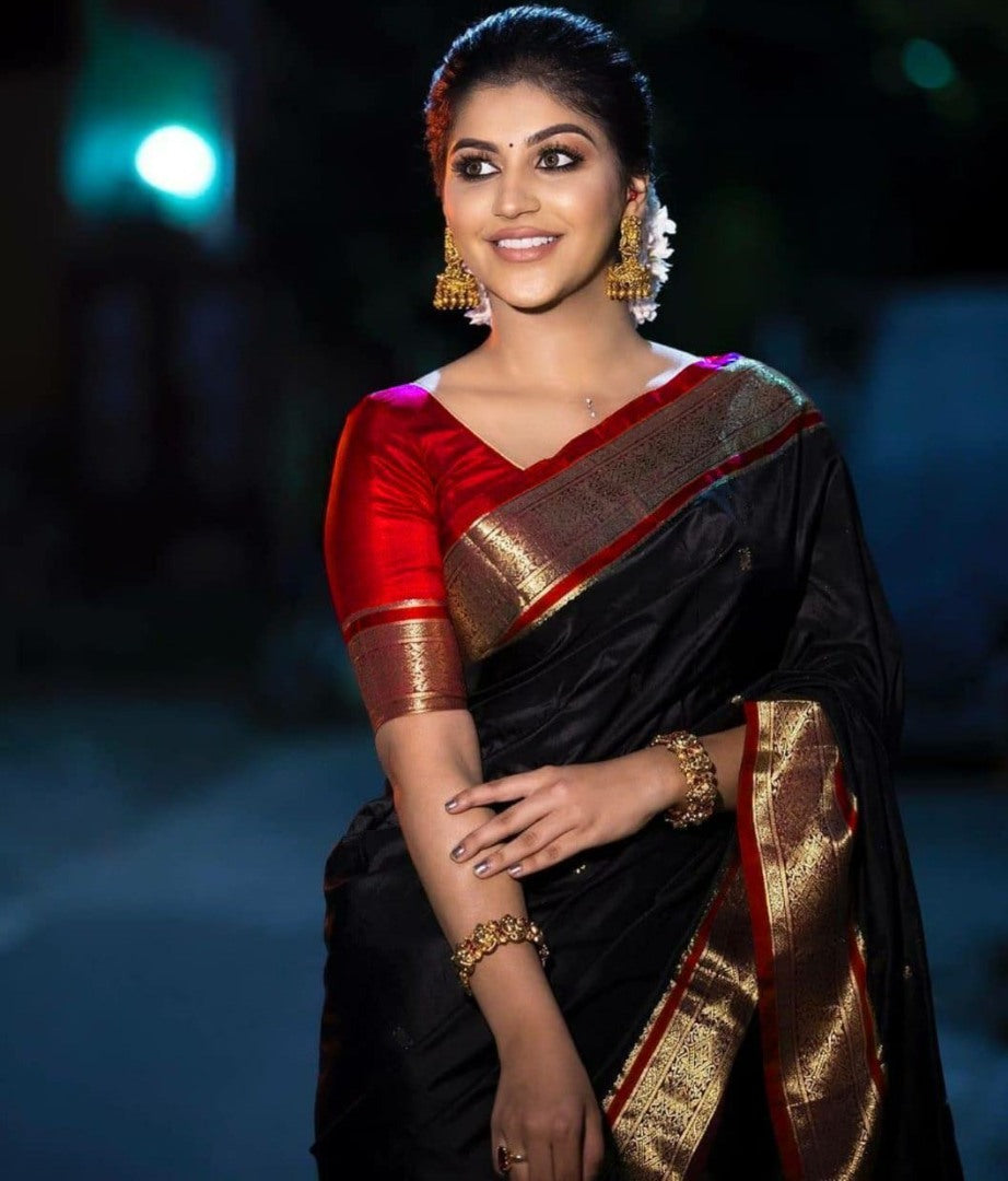 Black soft lichi silk jacquard zari weaving work designer saree