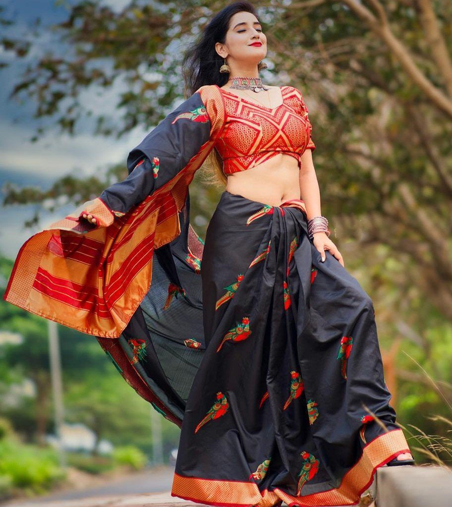 Black soft lichi silk jacquard zari weaving work designer saree