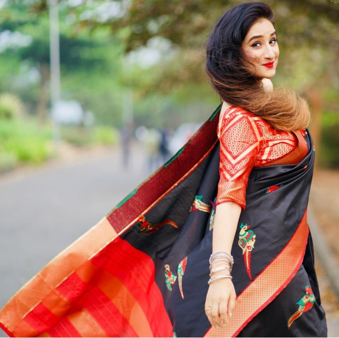 Black soft lichi silk jacquard zari weaving work designer saree