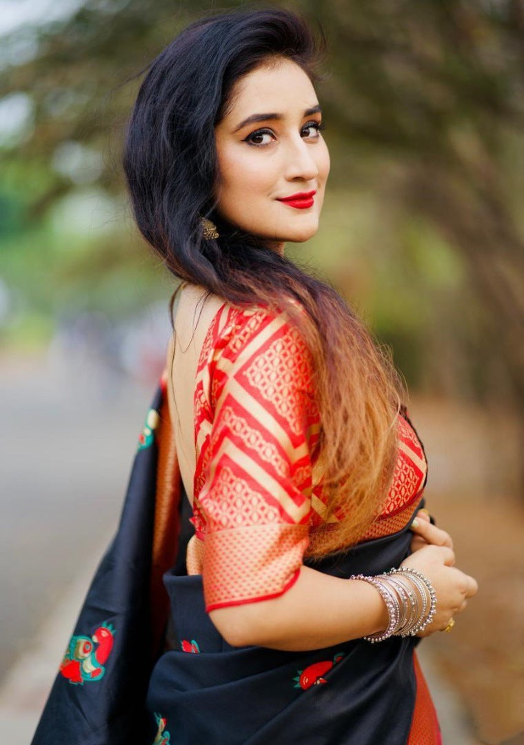 Black soft lichi silk jacquard zari weaving work designer saree