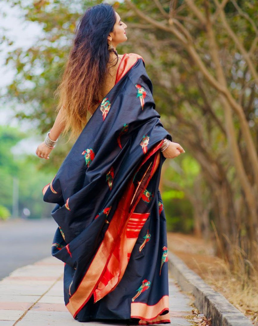 Black soft lichi silk jacquard zari weaving work designer saree