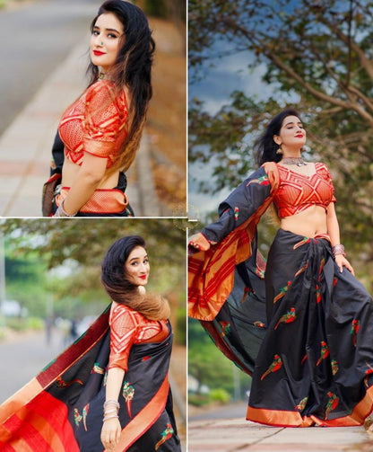 Black soft lichi silk jacquard zari weaving work designer saree