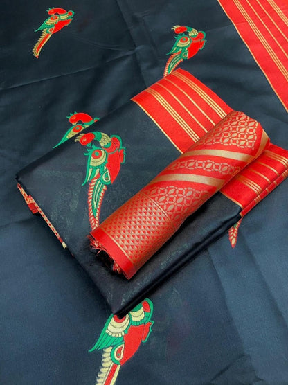 Black soft lichi silk jacquard zari weaving work designer saree