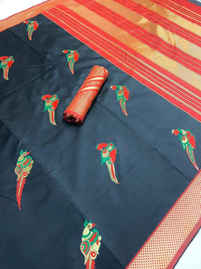 Black soft lichi silk jacquard zari weaving work designer saree