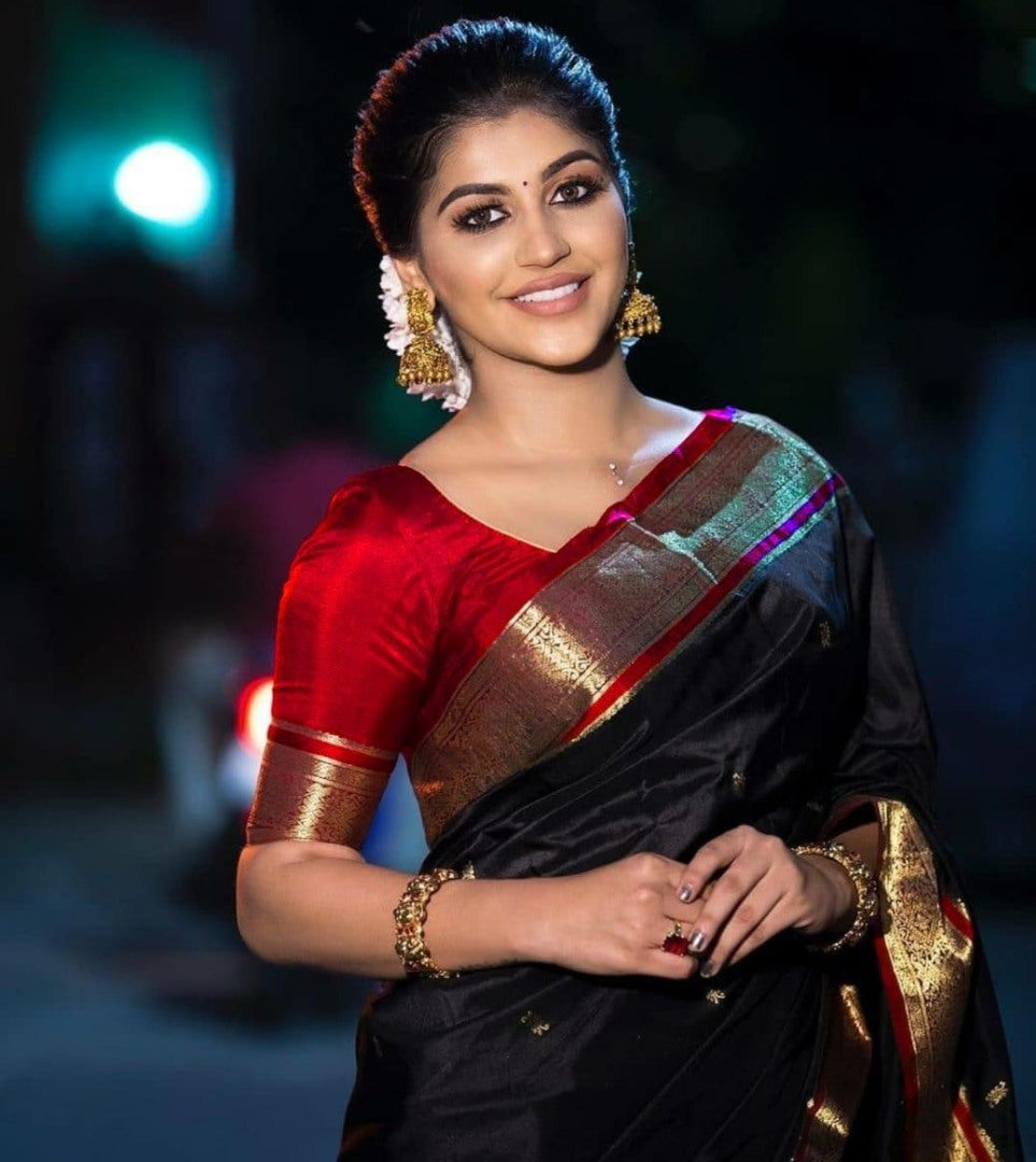 Black soft lichi silk jacquard zari weaving work designer saree