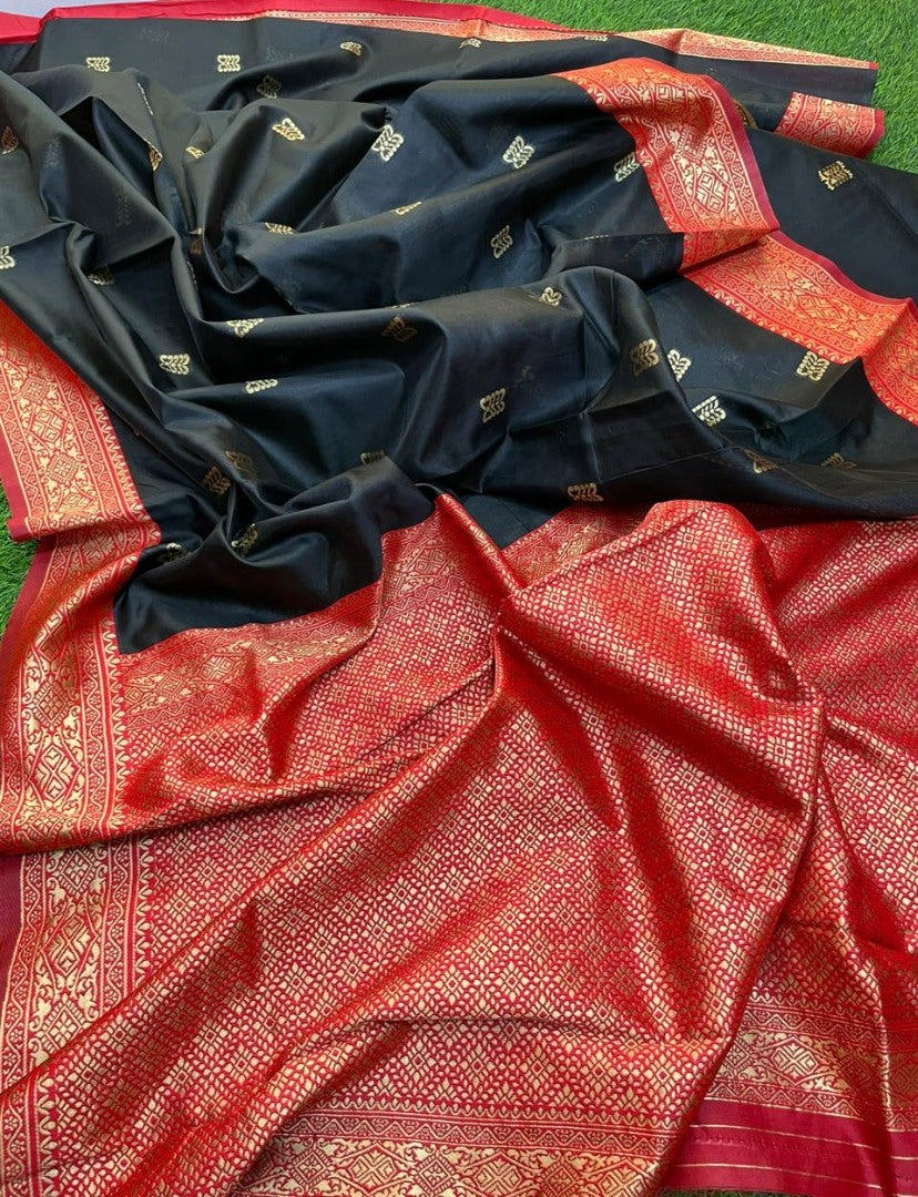 Black soft lichi silk jacquard zari weaving work designer saree