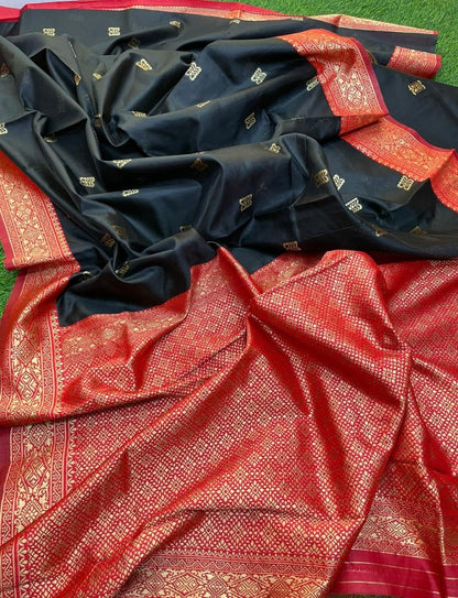 Black soft lichi silk jacquard zari weaving work designer saree
