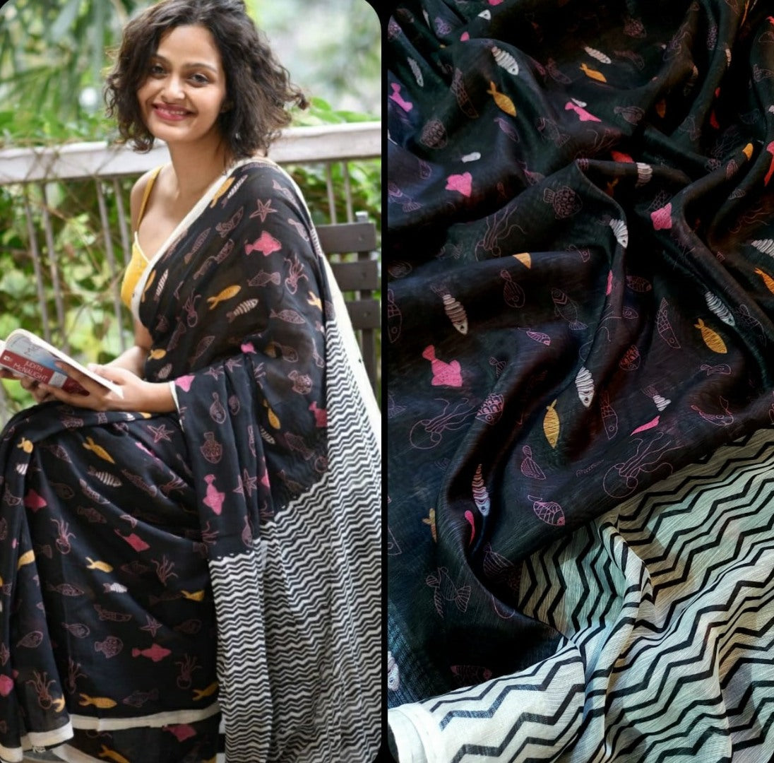 Black soft linen digital printed work saree
