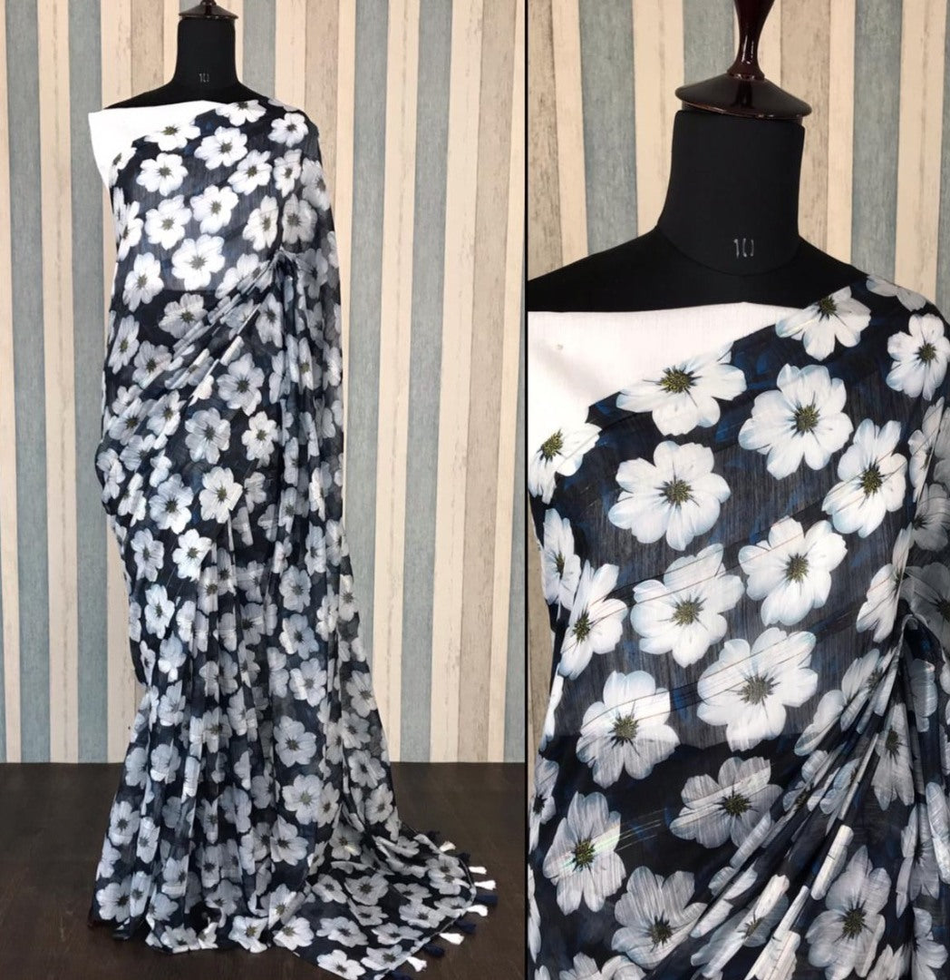 Black soft linen zari weaving digital printed work saree