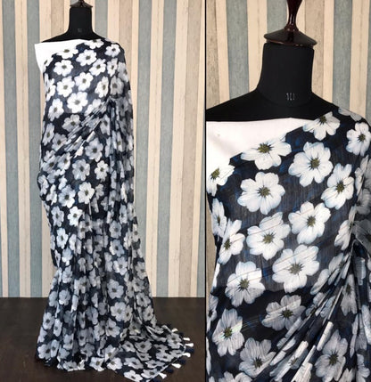 Black soft linen zari weaving digital printed work saree