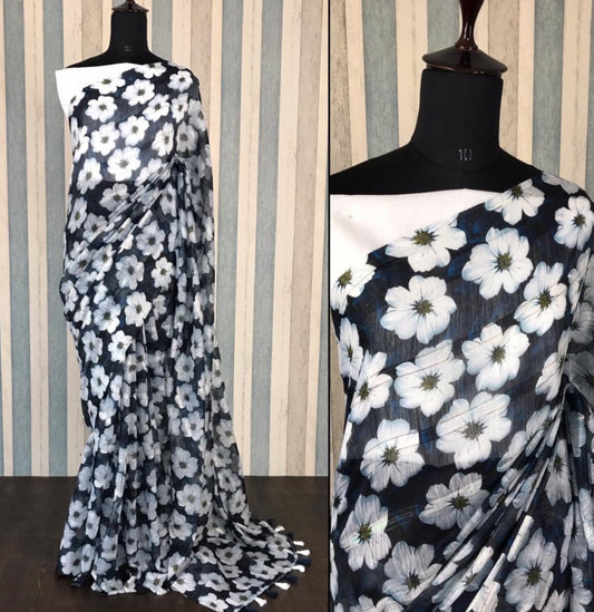 Black soft linen zari weaving digital printed work saree