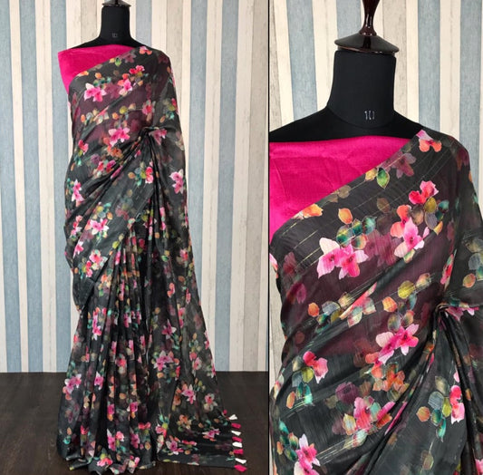 Black soft linen zari weaving digital printed work saree