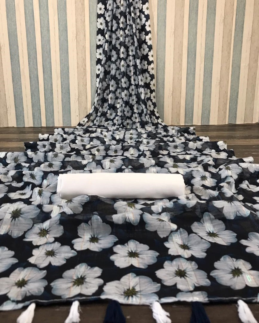 Black soft linen zari weaving digital printed work saree