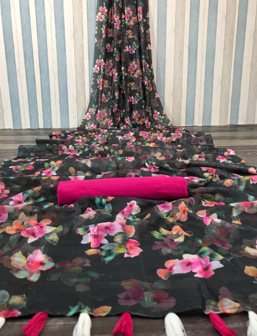 Black soft linen zari weaving digital printed work saree