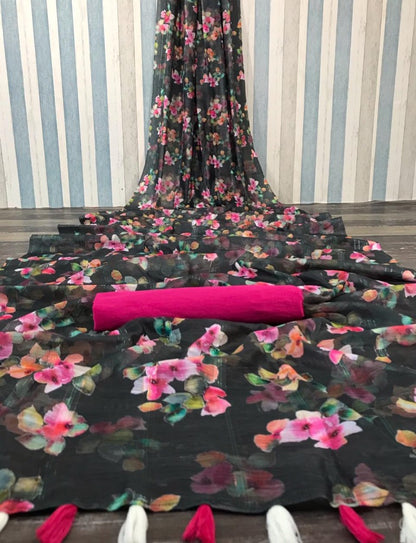 Black soft linen zari weaving digital printed work saree