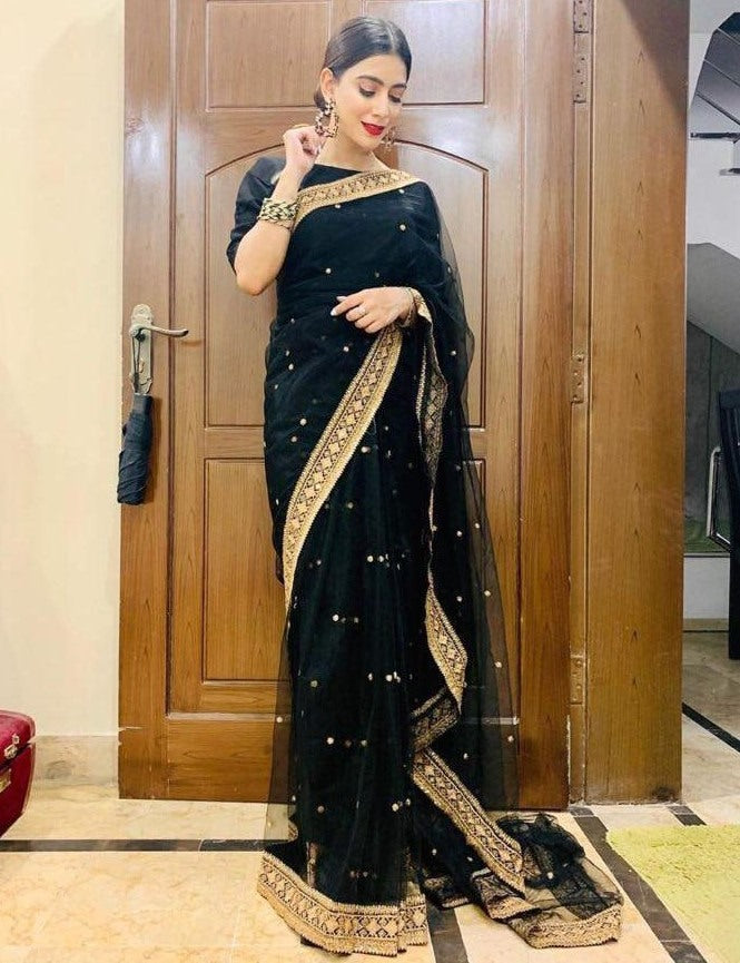 Black soft net embroidered saree