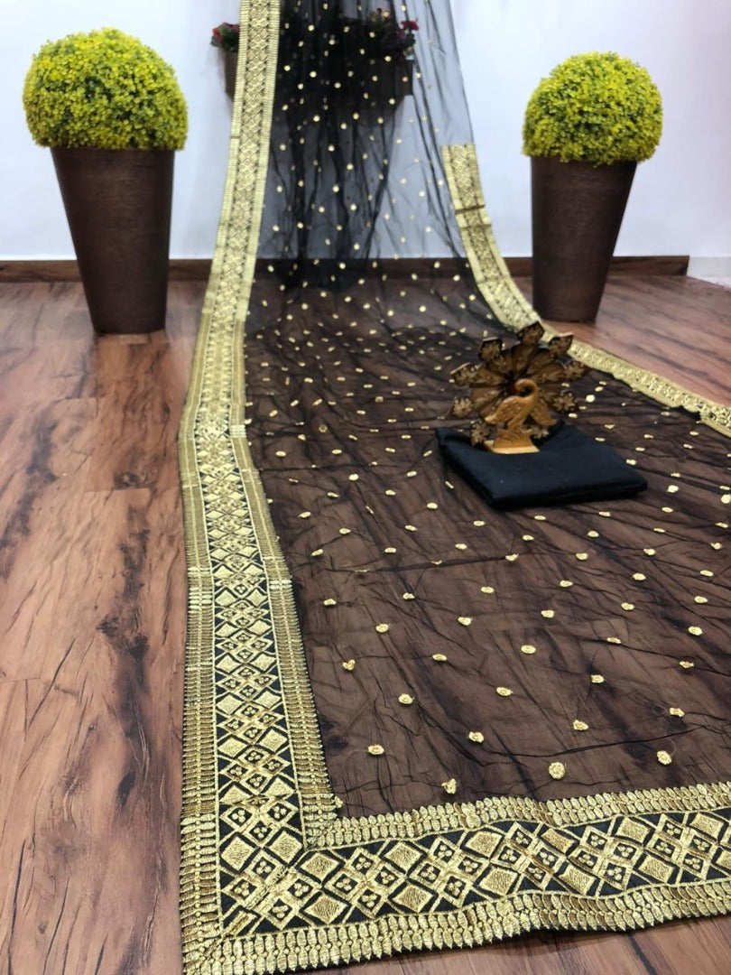Black soft net embroidered saree