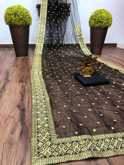 Black soft net embroidered saree