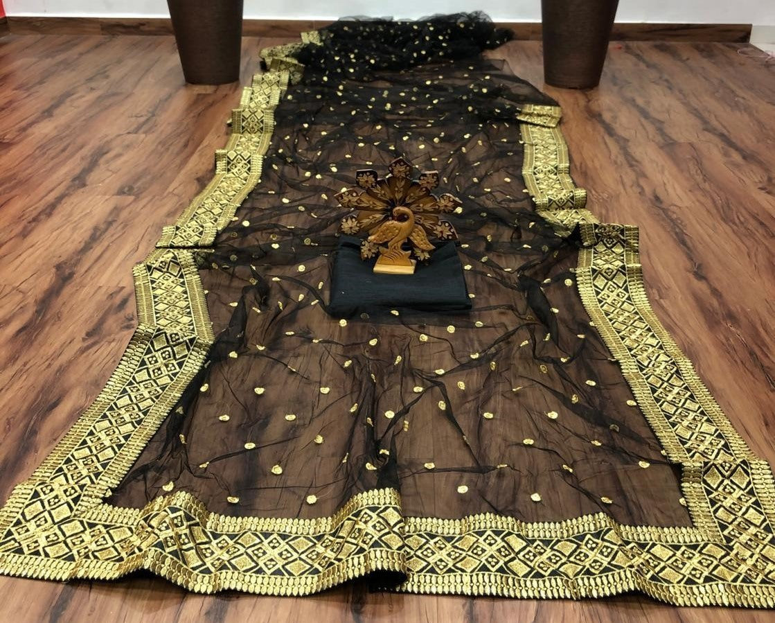 Black soft net embroidered saree