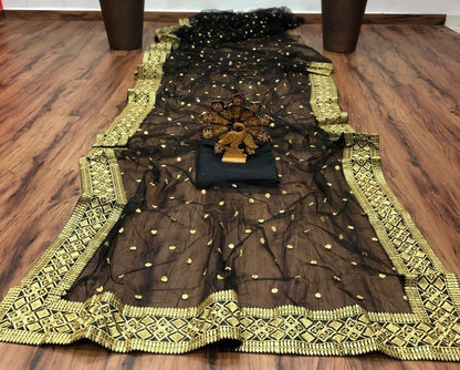 Black soft net embroidered saree