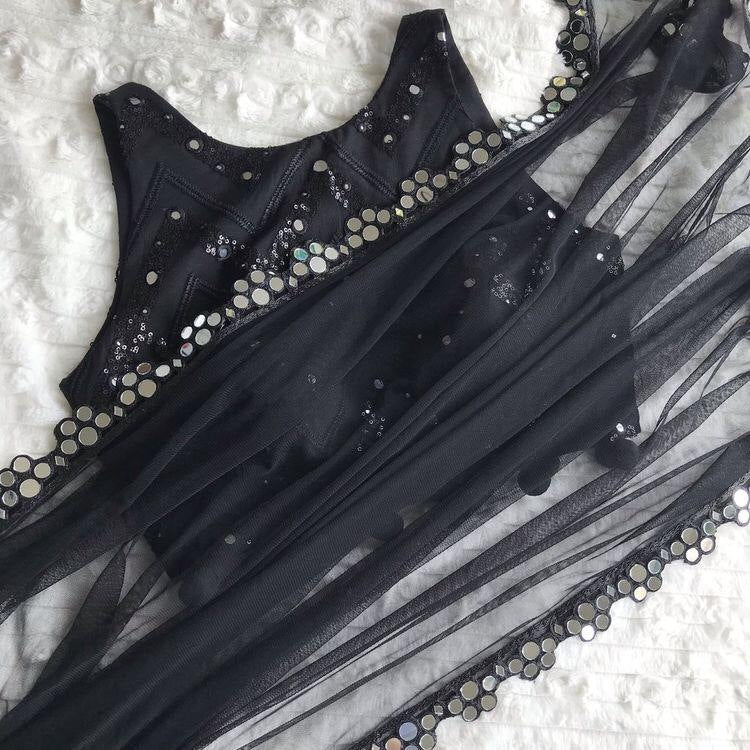 Black soft net mirror border saree with sequin and mirror work blouse