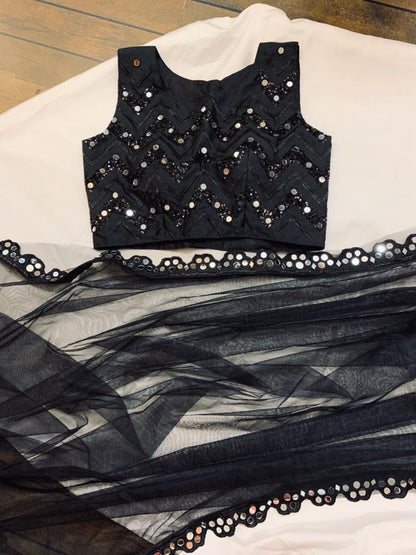 Black soft net mirror border saree with sequin and mirror work blouse