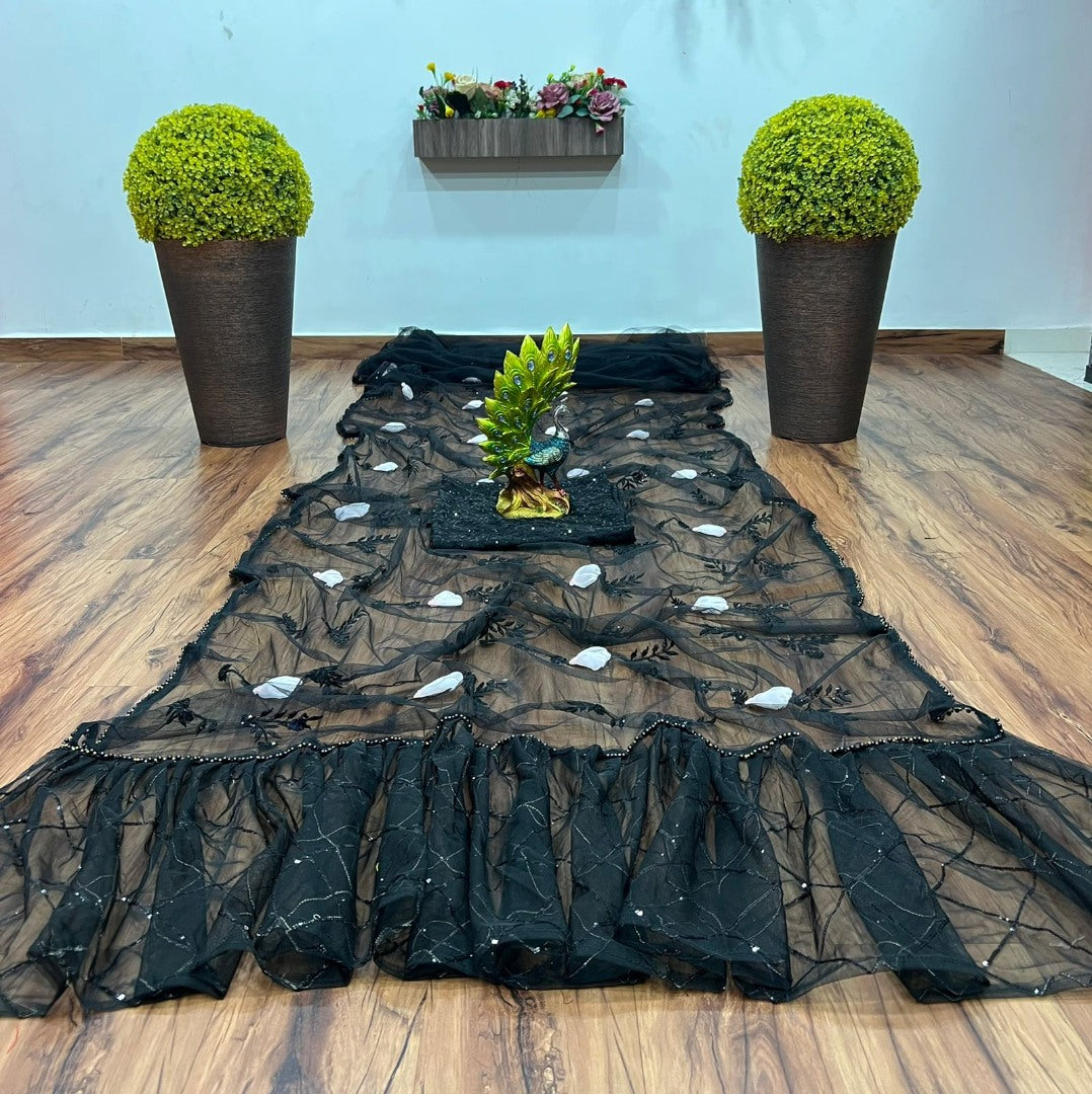 Black soft net sequence and hand worked partywear saree