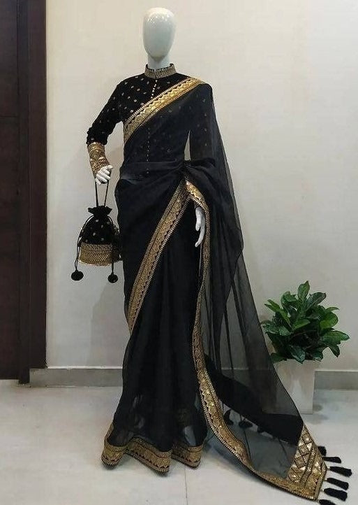 Black soft net sequence embroidered wedding saree