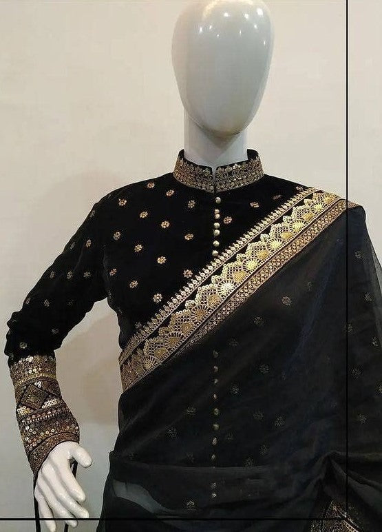 Black soft net sequence embroidered wedding saree