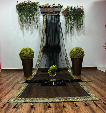 Black soft net sequence embroidered wedding saree