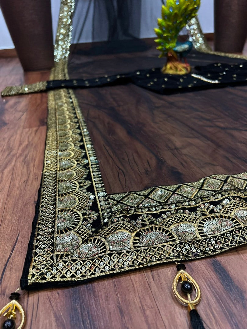 Black soft net sequence embroidered wedding saree