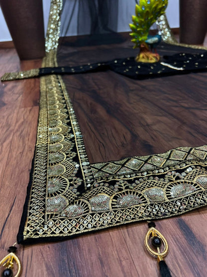 Black soft net sequence embroidered wedding saree