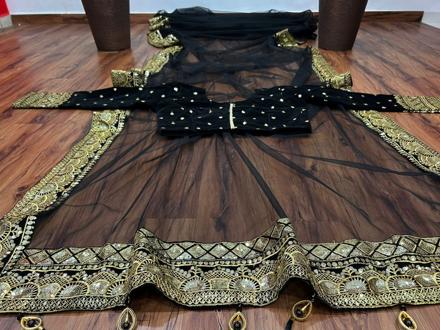 Black soft net sequence embroidered wedding saree