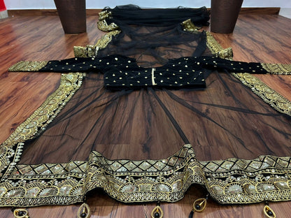 Black soft net sequence embroidered wedding saree