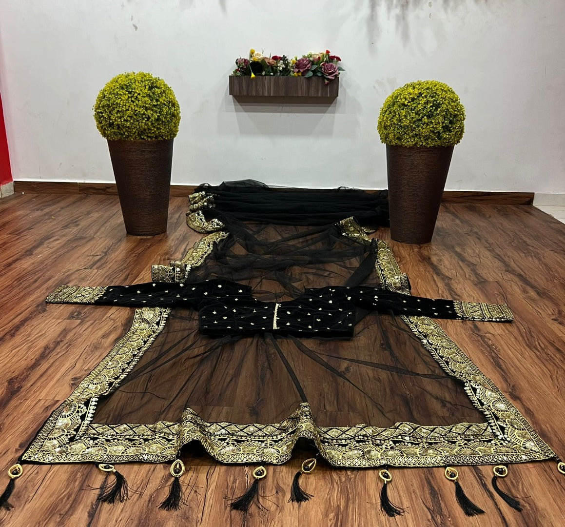 Black soft net sequence embroidered wedding saree