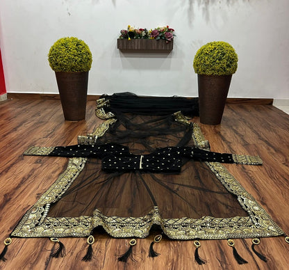 Black soft net sequence embroidered wedding saree