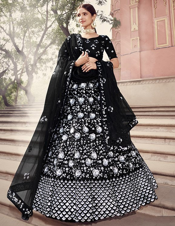 Black soft net sequence work bridal lehenga choli