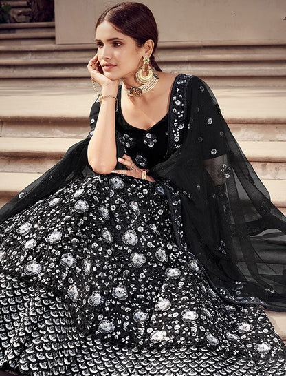 Black soft net sequence work bridal lehenga choli