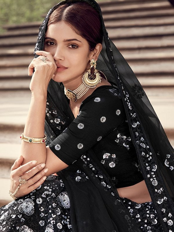 Black soft net sequence work bridal lehenga choli