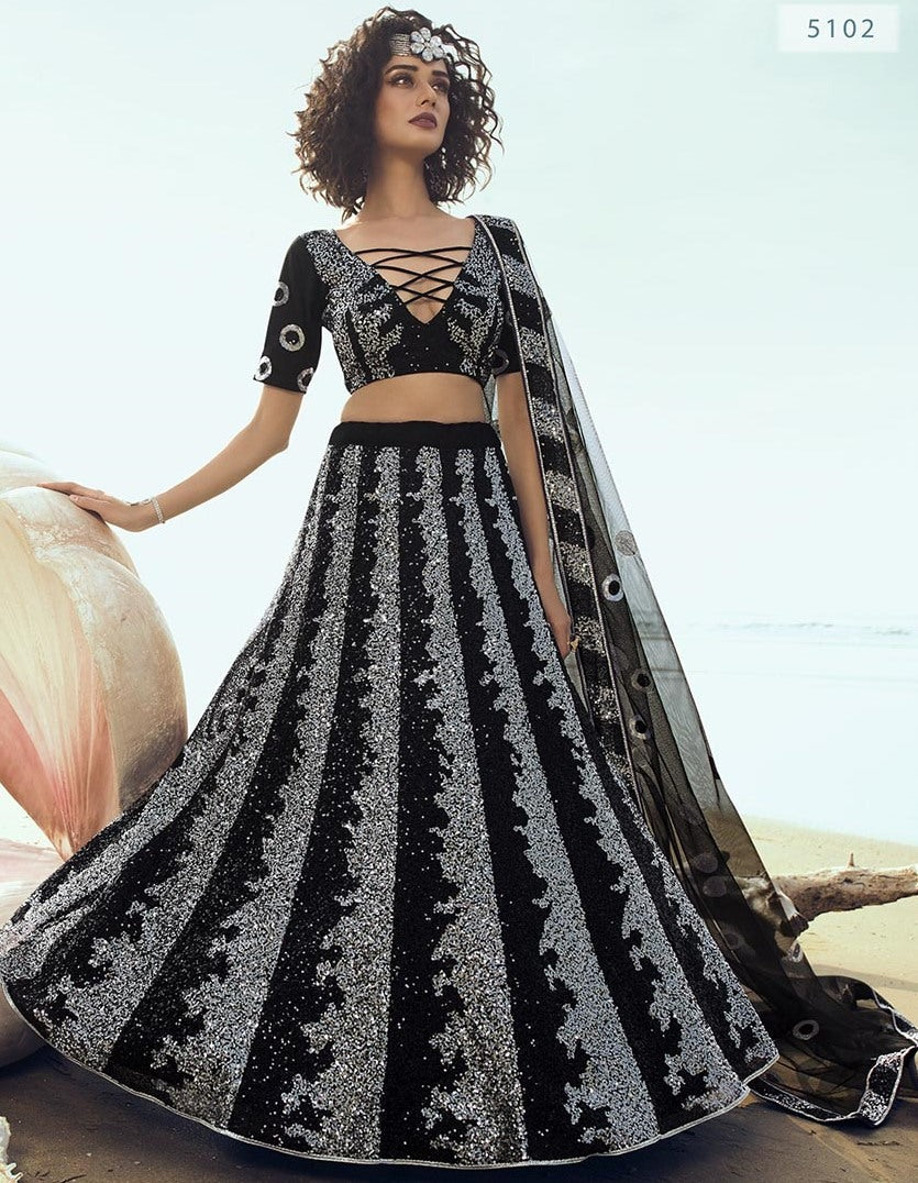 Black soft net sequence work ceremonial lehenga choli