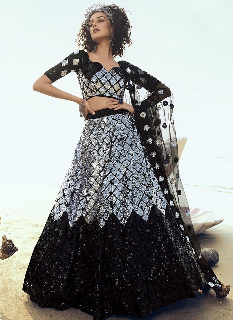 Black soft net sequence work ceremonial lehenga choli