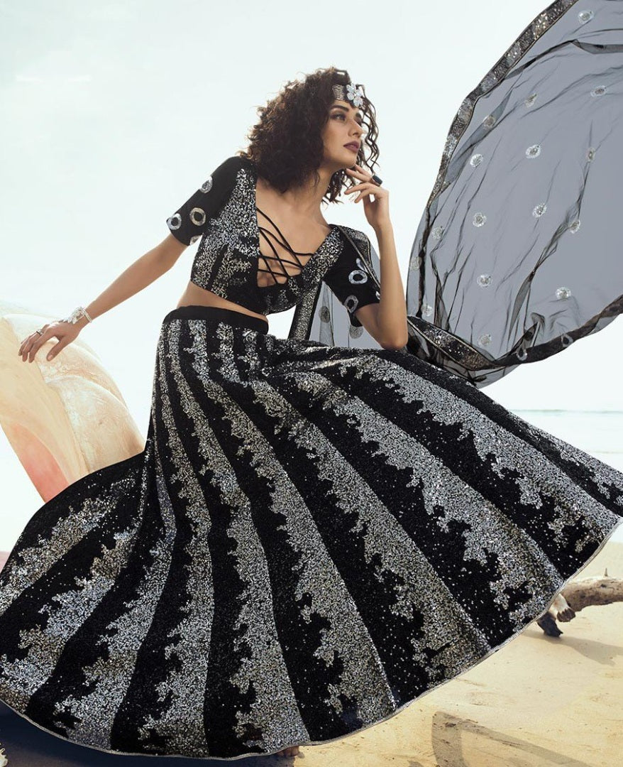 Black soft net sequence work ceremonial lehenga choli