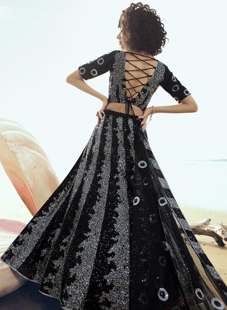 Black soft net sequence work ceremonial lehenga choli