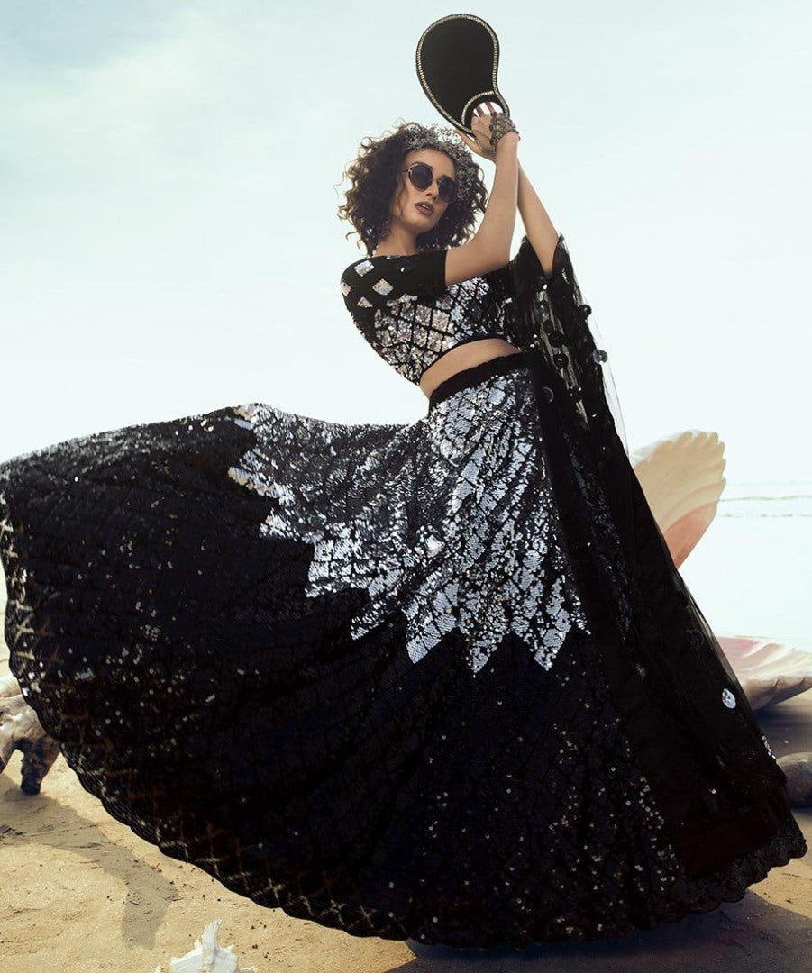 Black soft net sequence work ceremonial lehenga choli