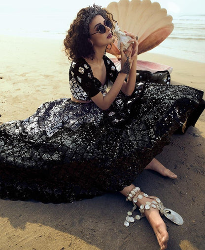 Black soft net sequence work ceremonial lehenga choli