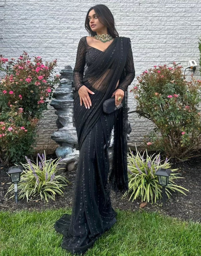 Black soft net sequence work party wear saree