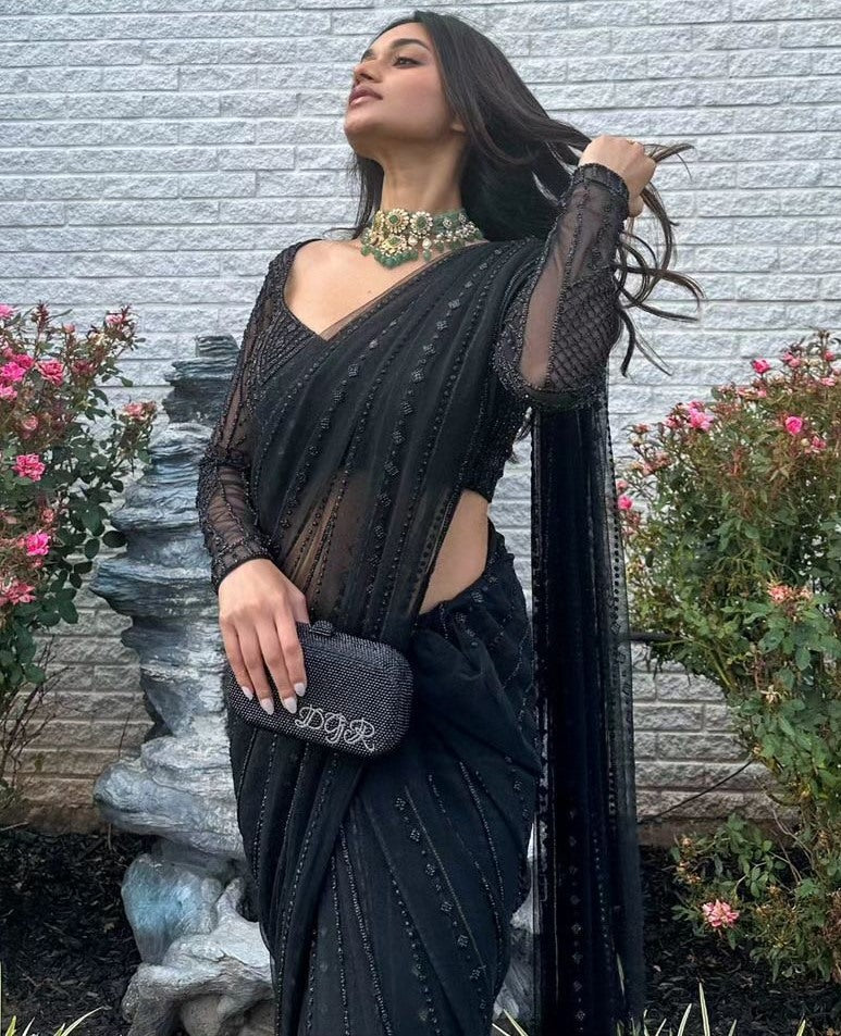 Black soft net sequence work party wear saree